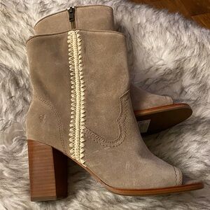 FRYE Stella Crochet open Taupe Heeled Boots with Stitch Detail
